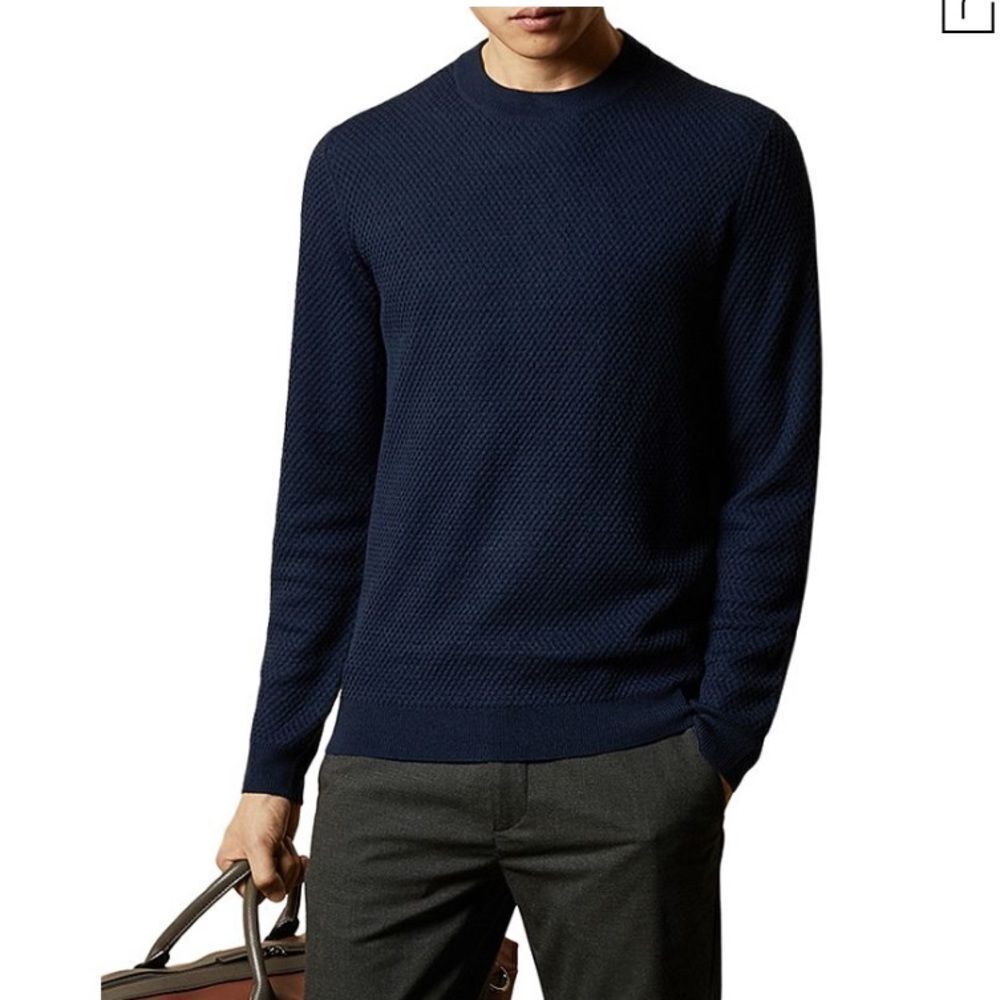 TED BAKER sear waffle knit crewneck sweater navy